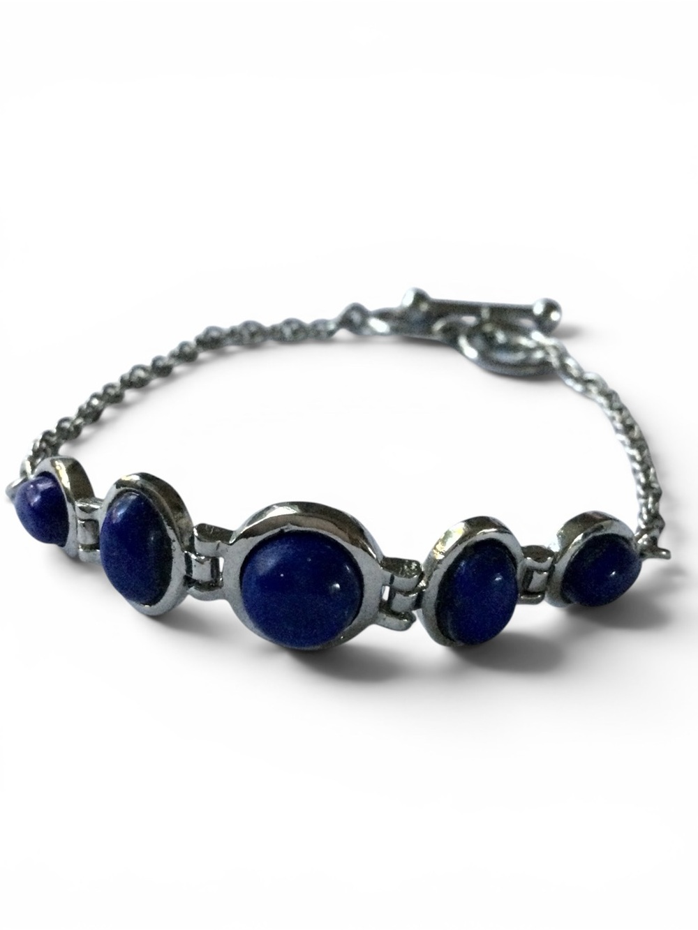 Silver-Tone Stainless Steel Link Bracelet - Blue Lapis-Style Cabochons - 7"-8" - Picture 6 of 12